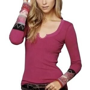 Free People Kombucha Waffle Knit Thermal Top Boho-Style Crochet Contrast Cuffs